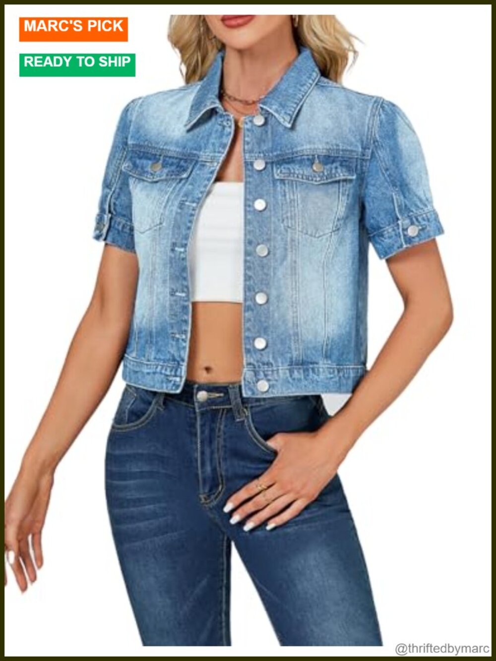 Cropped Denim Jacket Women Puff Sleeve Short Sleeve Jean Trucker Coat